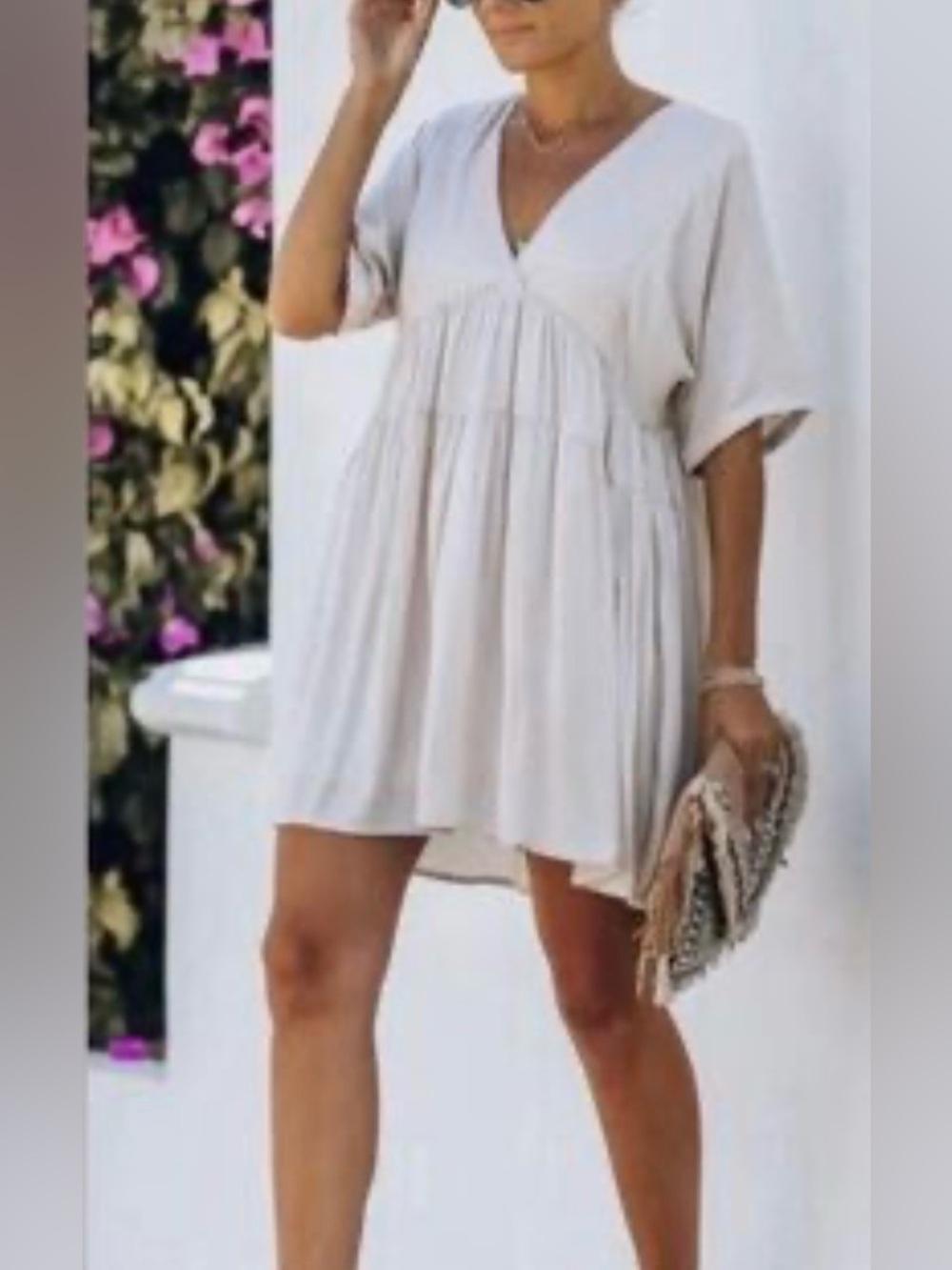 Mustard Seed Cream V-Neck Tiered Mini Dress size M